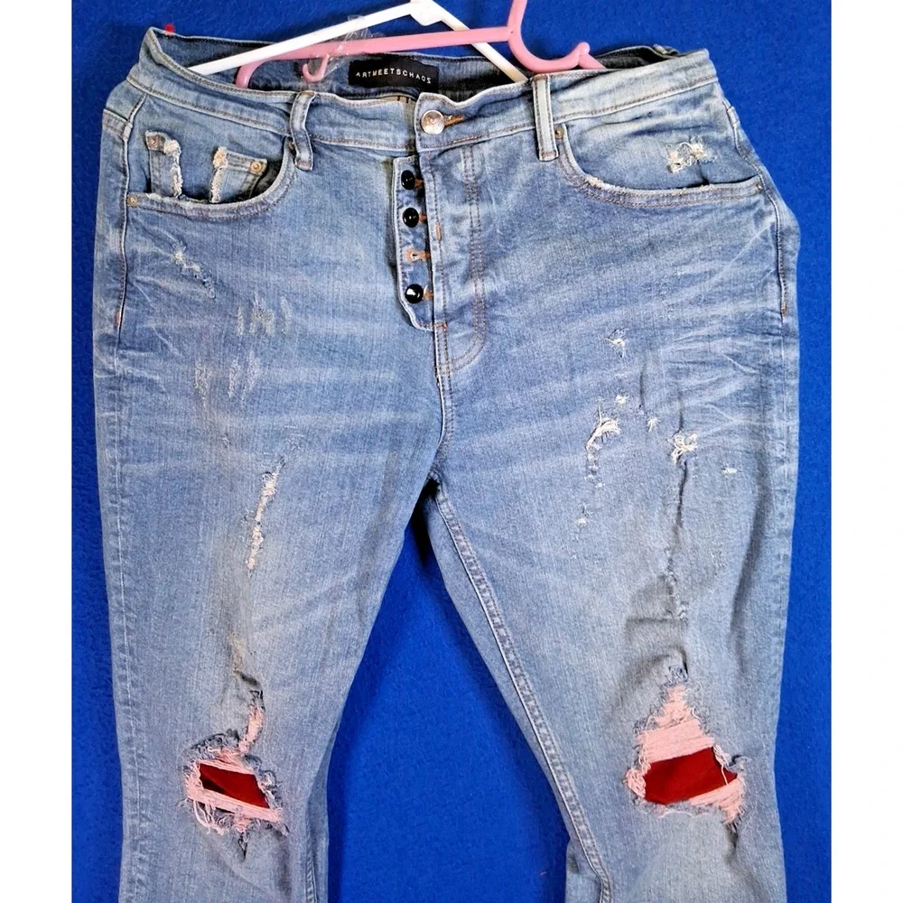 ARTMEETSCHAOS Men's Distressed Skinny Jeans Size 36 Light Wash Ripped Pants